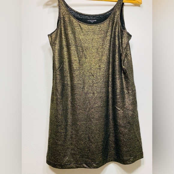 EILEEN FISHER Tank Top Foil Printed Linen Jersey Scoop Neck Shell Black Gold - Picture 4 of 8